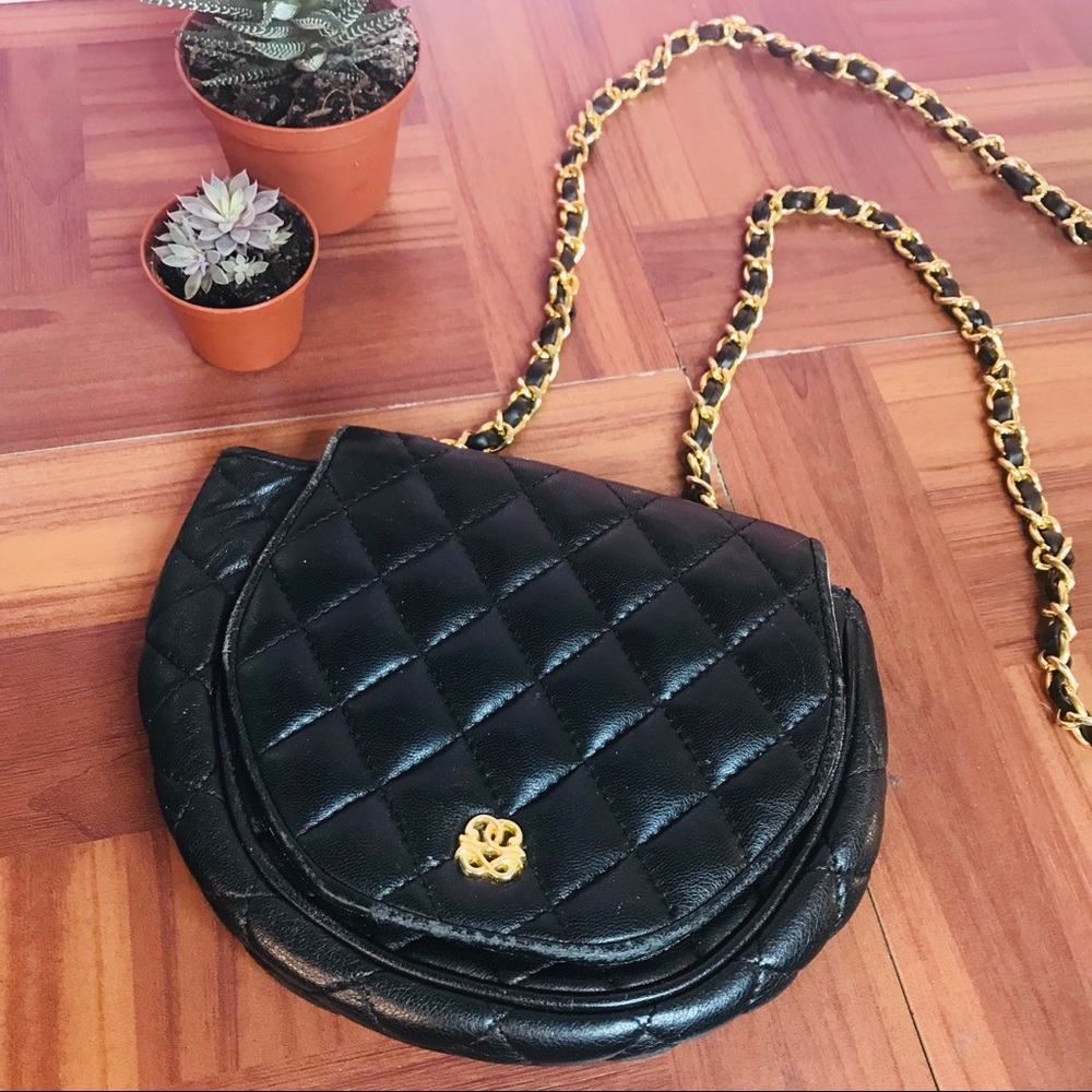 Vtg 90s Quilted Black Chain Mini Crossbody Bag - Picture 2 of 6